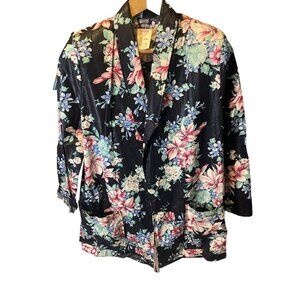Vintage 90s Honey Black Floral Print Oversized Open Jacket Sz L